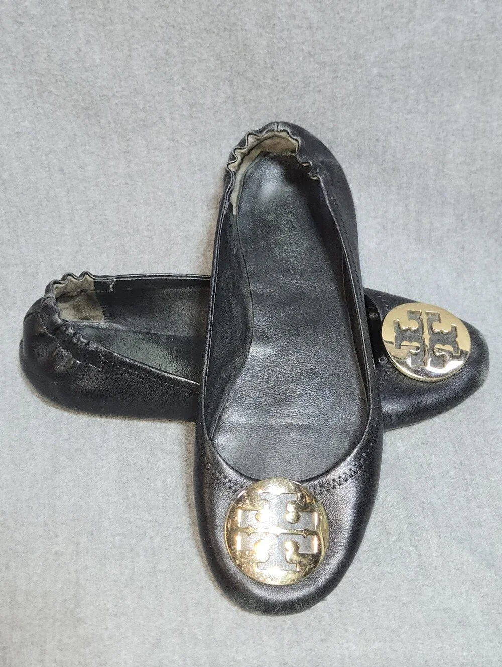​Tory Burch Reva Ballet Flats Black Leather With Gold Medallion Logo